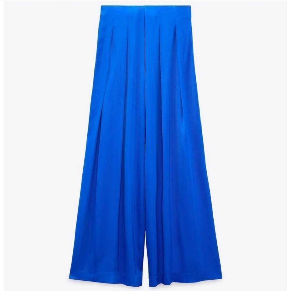 Zara Satin Effect Wide Pants Trousers Blue - Picture 11 of 13